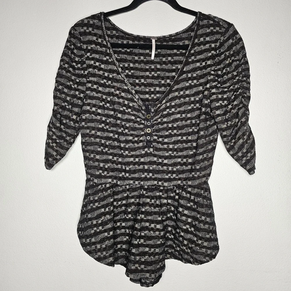 Free People Blouse‎ Womens Large Colorful Boho Ruffle Fairy V Neck Flared Check